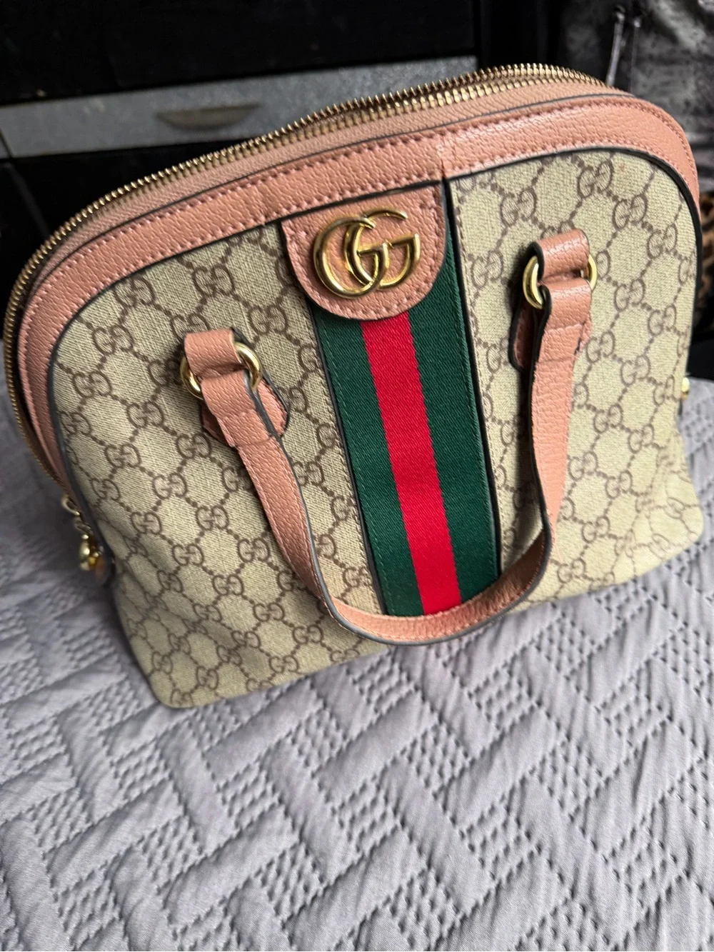 Gucci Beige GG Supreme Satchel with Green and Red Web